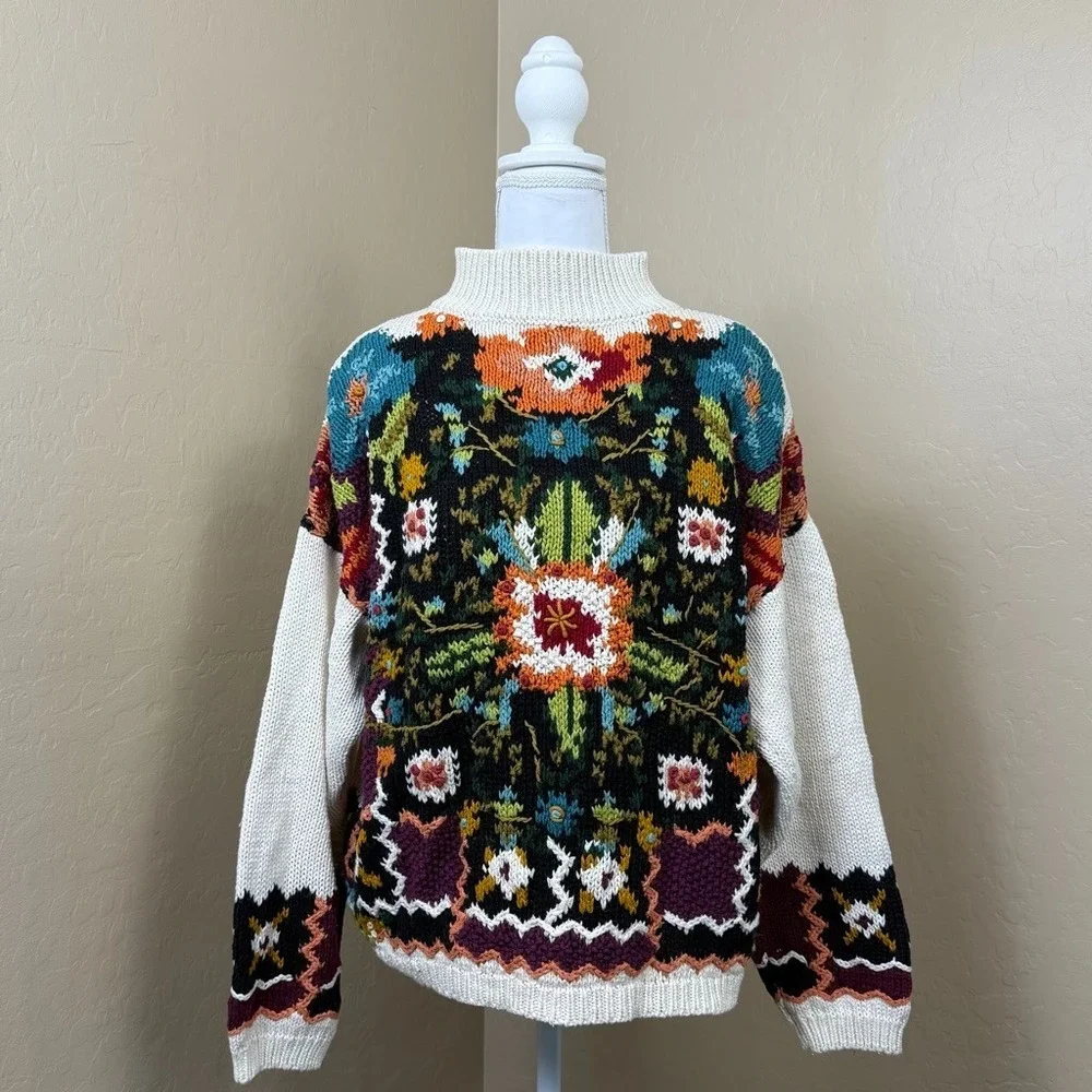 Vintage 90s Cullinane Hand Knit Sweater M Floral Ramie Cotton Cottagecore Artsy